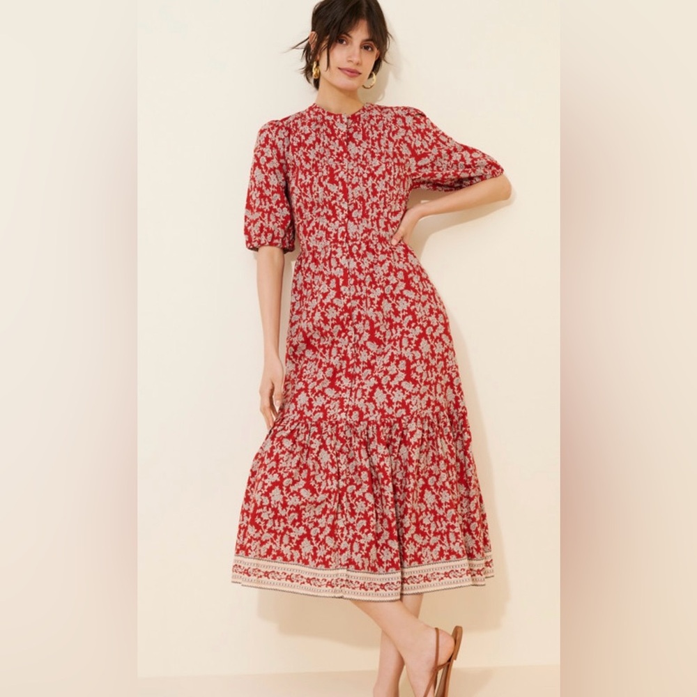 Madewell Pintucked Puff-Sleeve Midi Dress Floral Boho in Ground Madder Size 2 - Picture 1 of 15